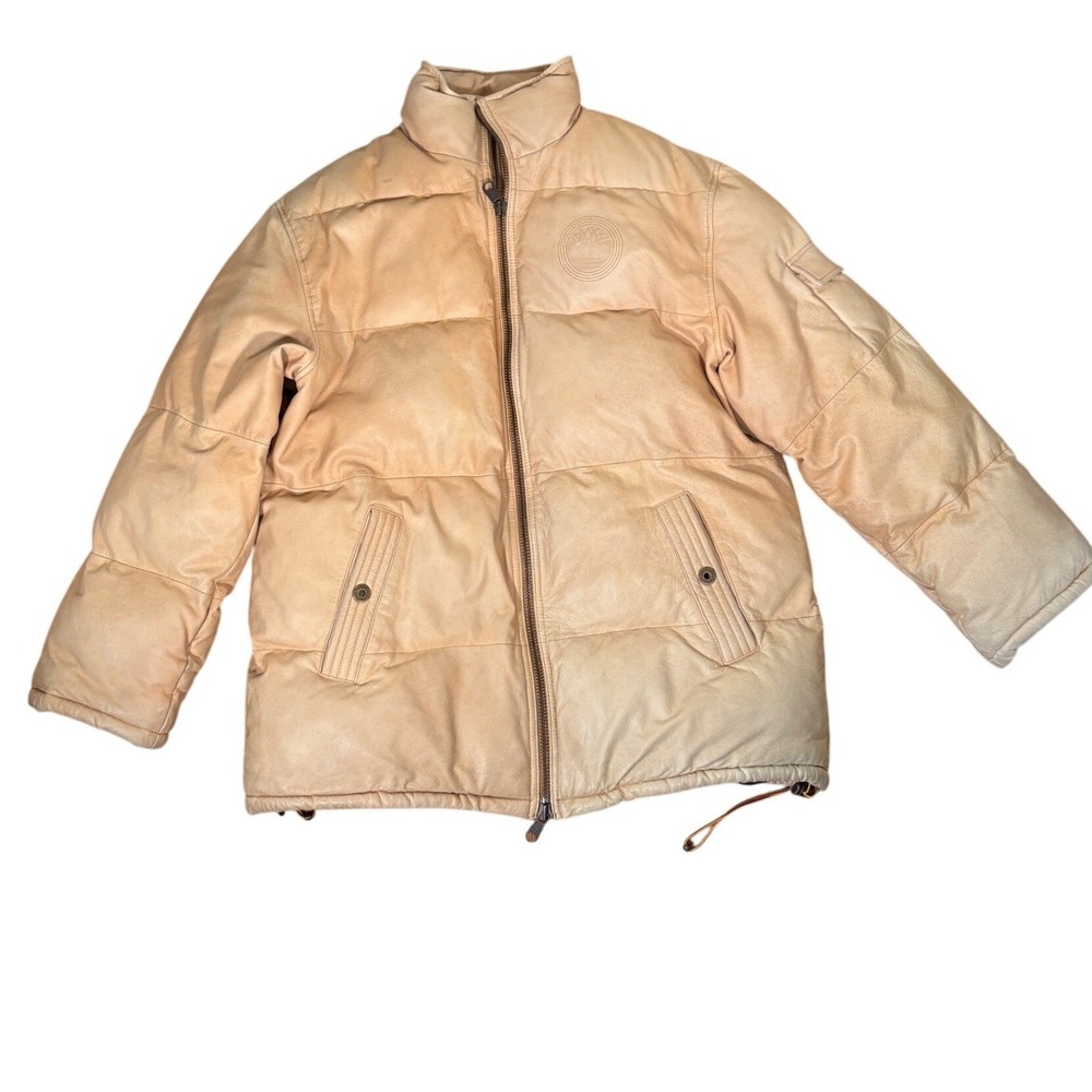 Vintage Timberland Genuine Leather Puffer Jacket Tan Quilted Logo Men's Large